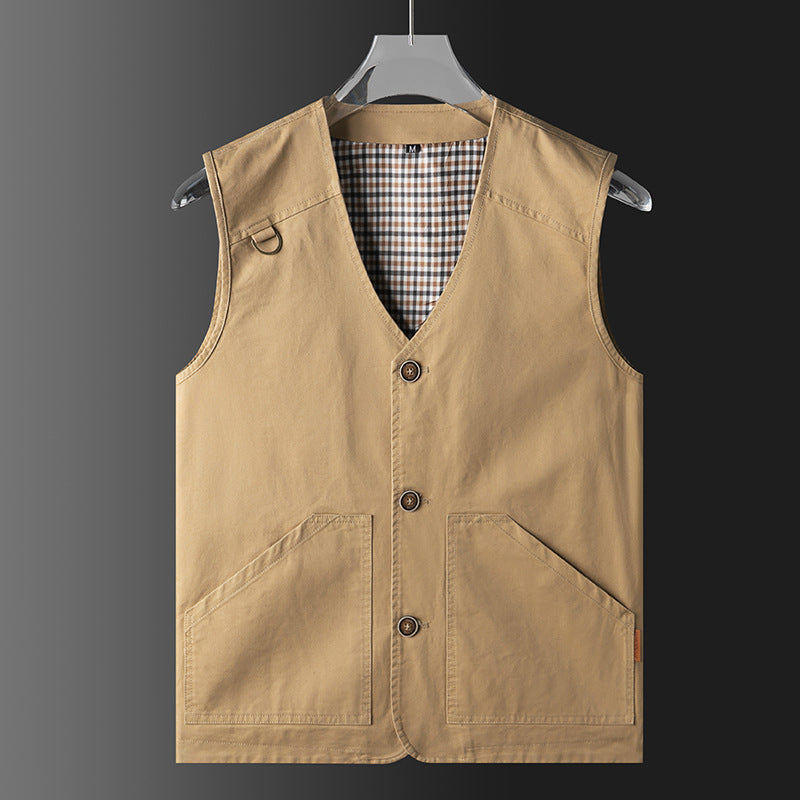 Men's Sleeveless Utility Vest with V-Neck, Cotton Canvas, Button Placket and Large Front Pockets Chichicherry