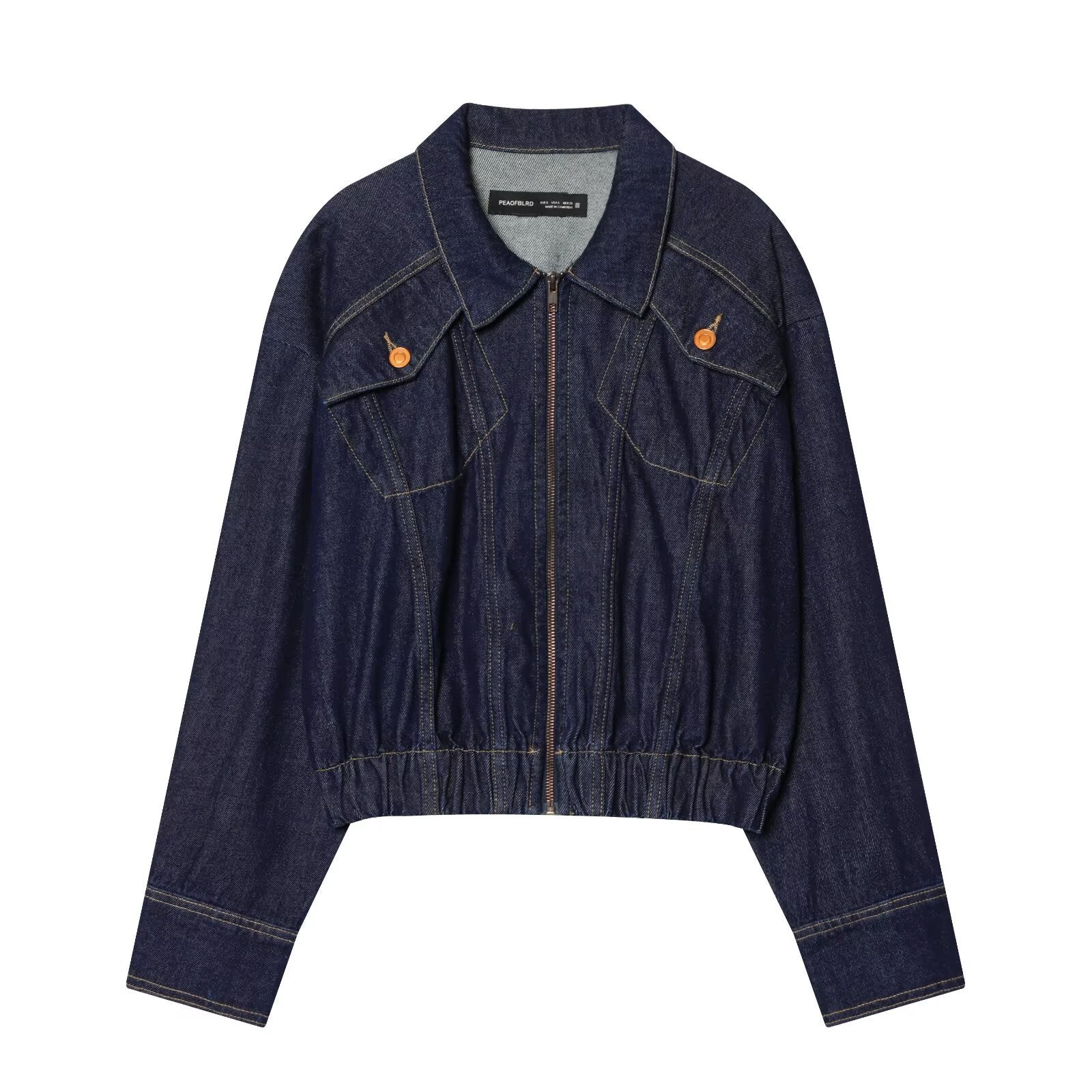Women's bomber style jeans jacket with zipper and elastic hem Chichicherry