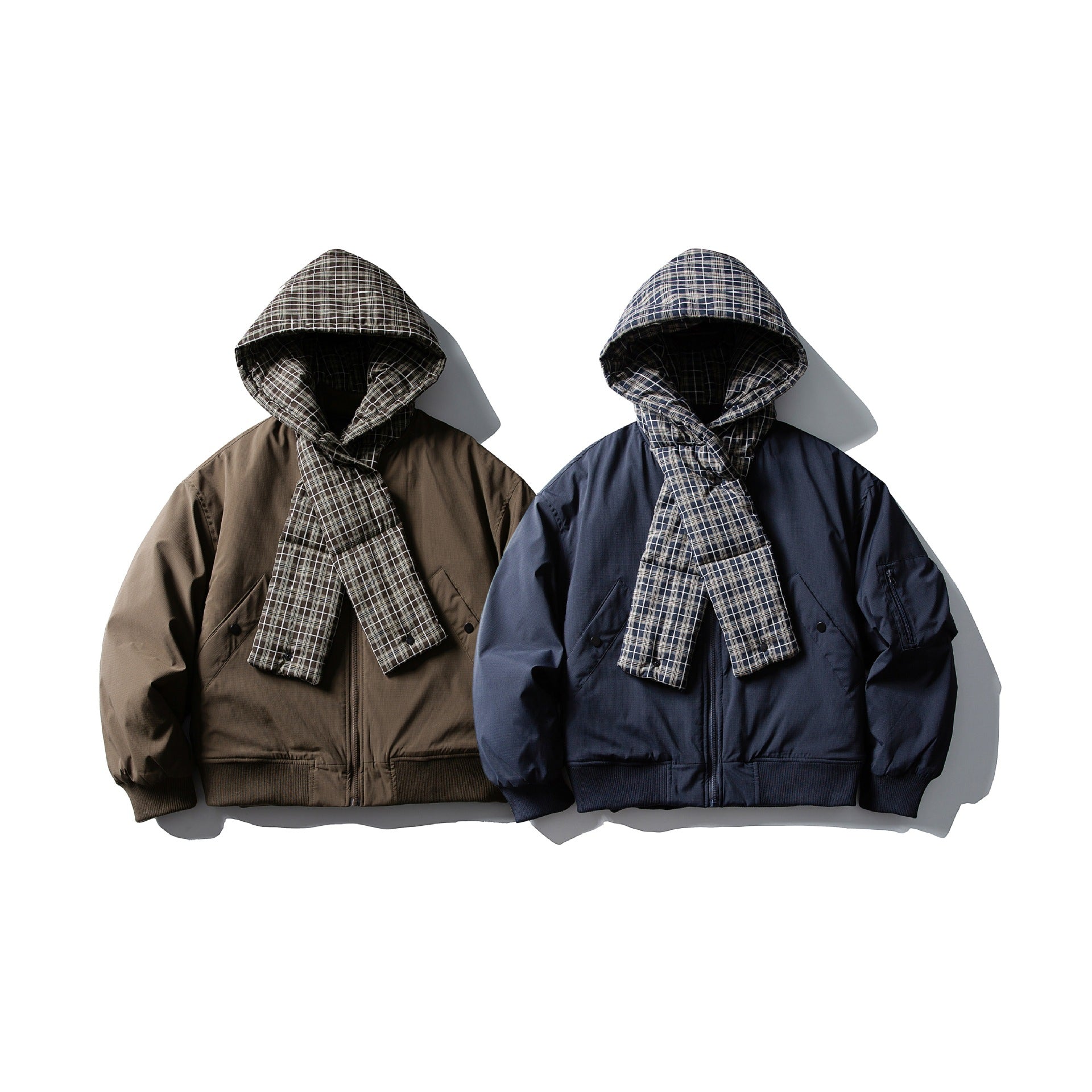 Men's Windproof Bomber Jacket with Quilted Checkered Hood and Integrated Scarf Chichicherry