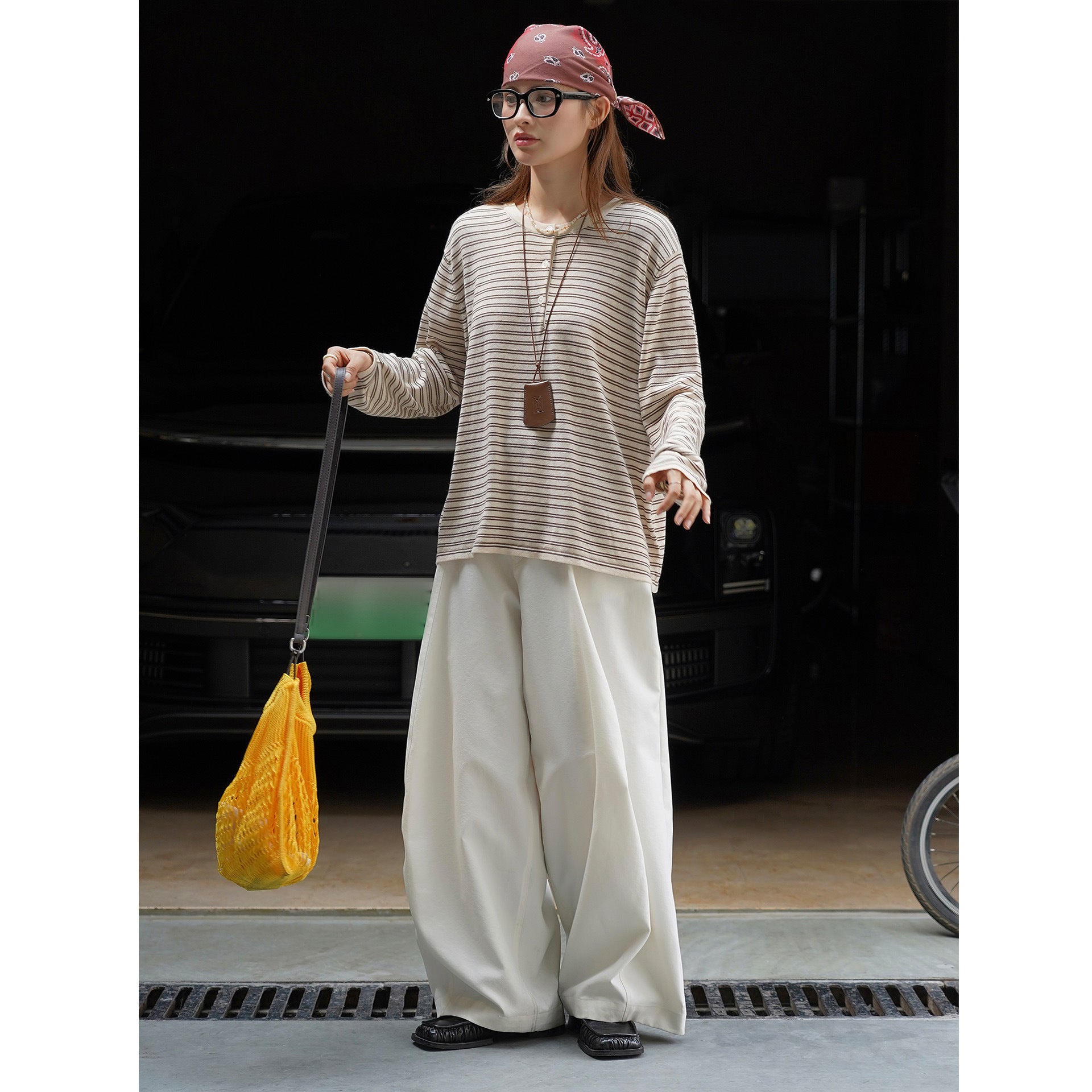Women's Lightweight Cotton Blend Long Sleeve Shirt with Button Placket and Fine Striped Pattern Chichicherry