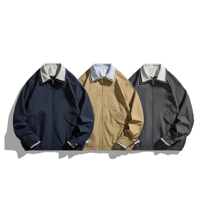 Men's Short-Cut Canvas Blouson Jacket in Workwear Look with Contrasting Shirt Collar Chichicherry