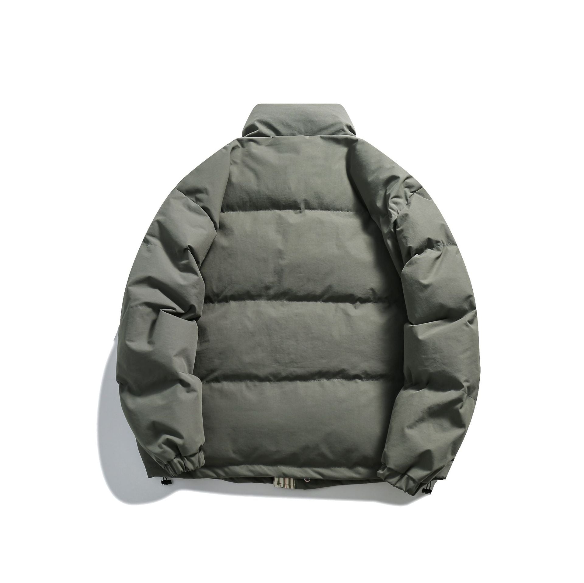 Unisex Short Cut Padded Puffer Jacket with High Stand-Up Collar and Striped Pocket Flaps Chichicherry