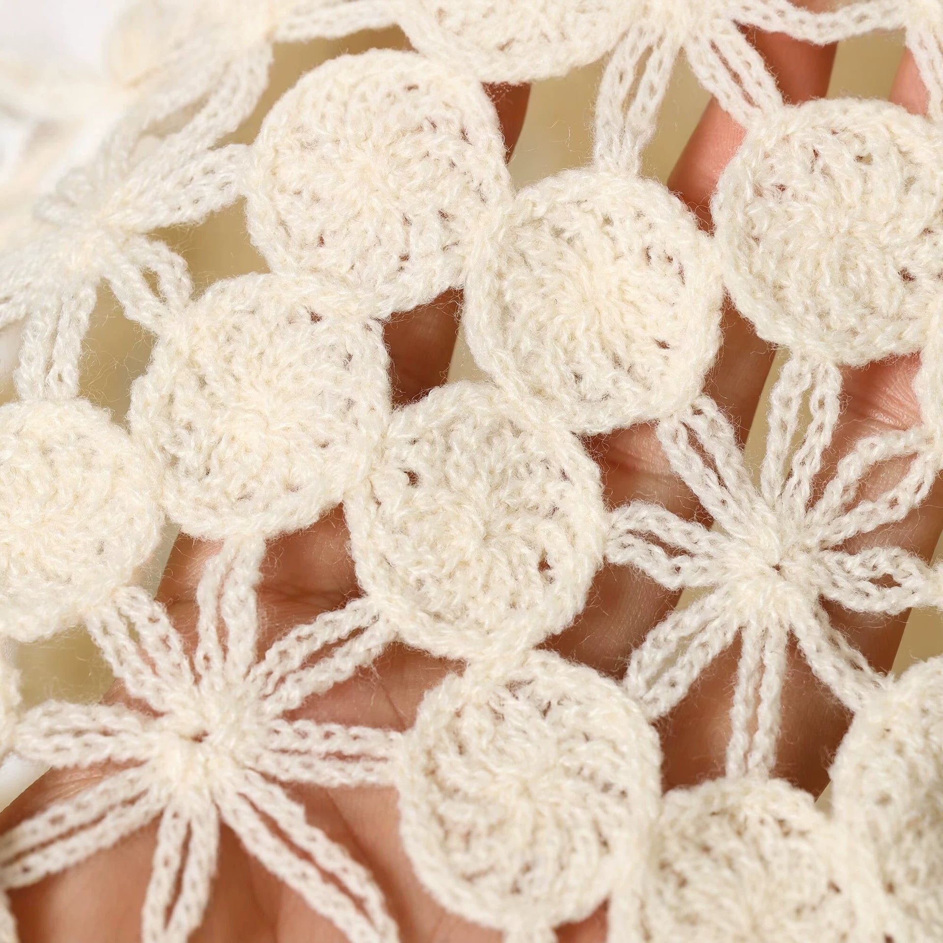 Women's crochet pullover with floral lace look, scallop hem, and delicate ribbon Chichicherry