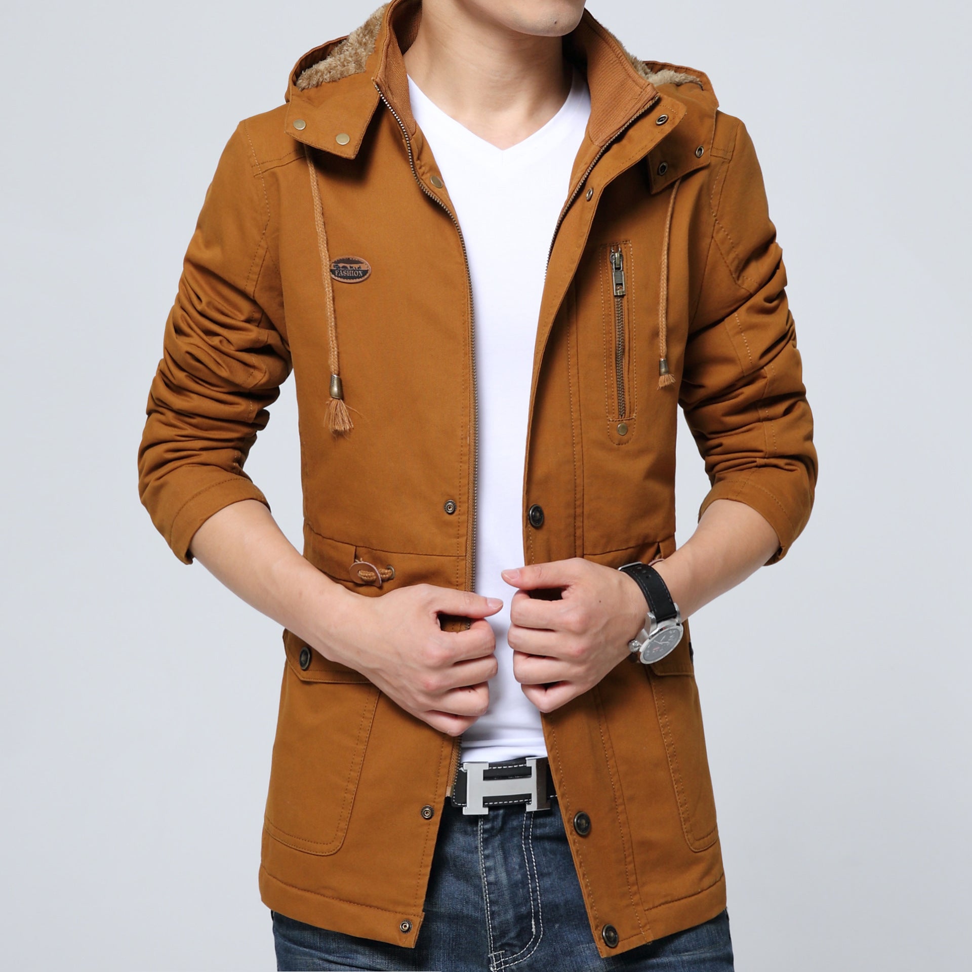 Men's lightweight utility parka with hood, teddy lining in collar and vertical zip pocket Chichicherry