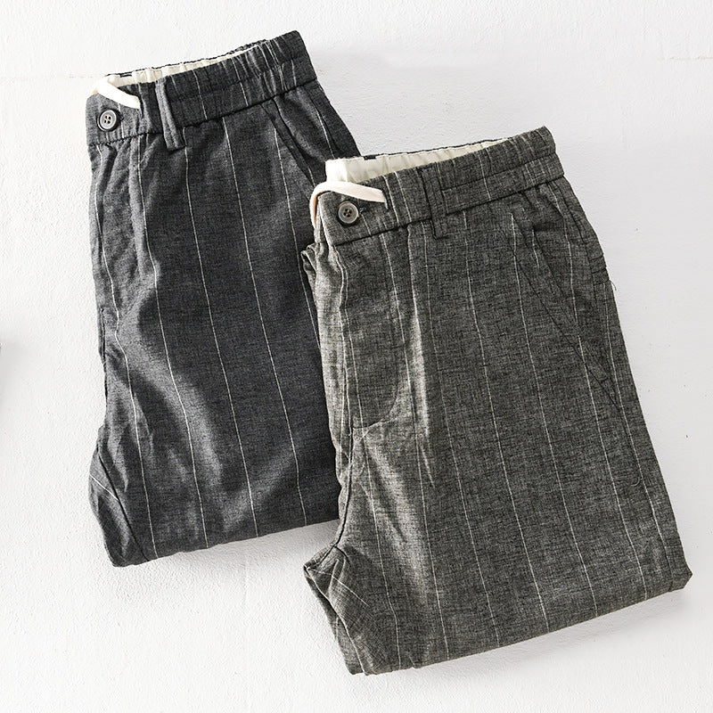 Men's casual pants with elastic waistband and drawstring tapered pinstriped look Chichicherry
