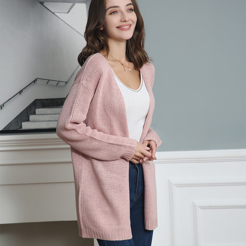 Women Longline Knit Cardigan without Closure with Open Front and Fine Rib Edge Chichicherry