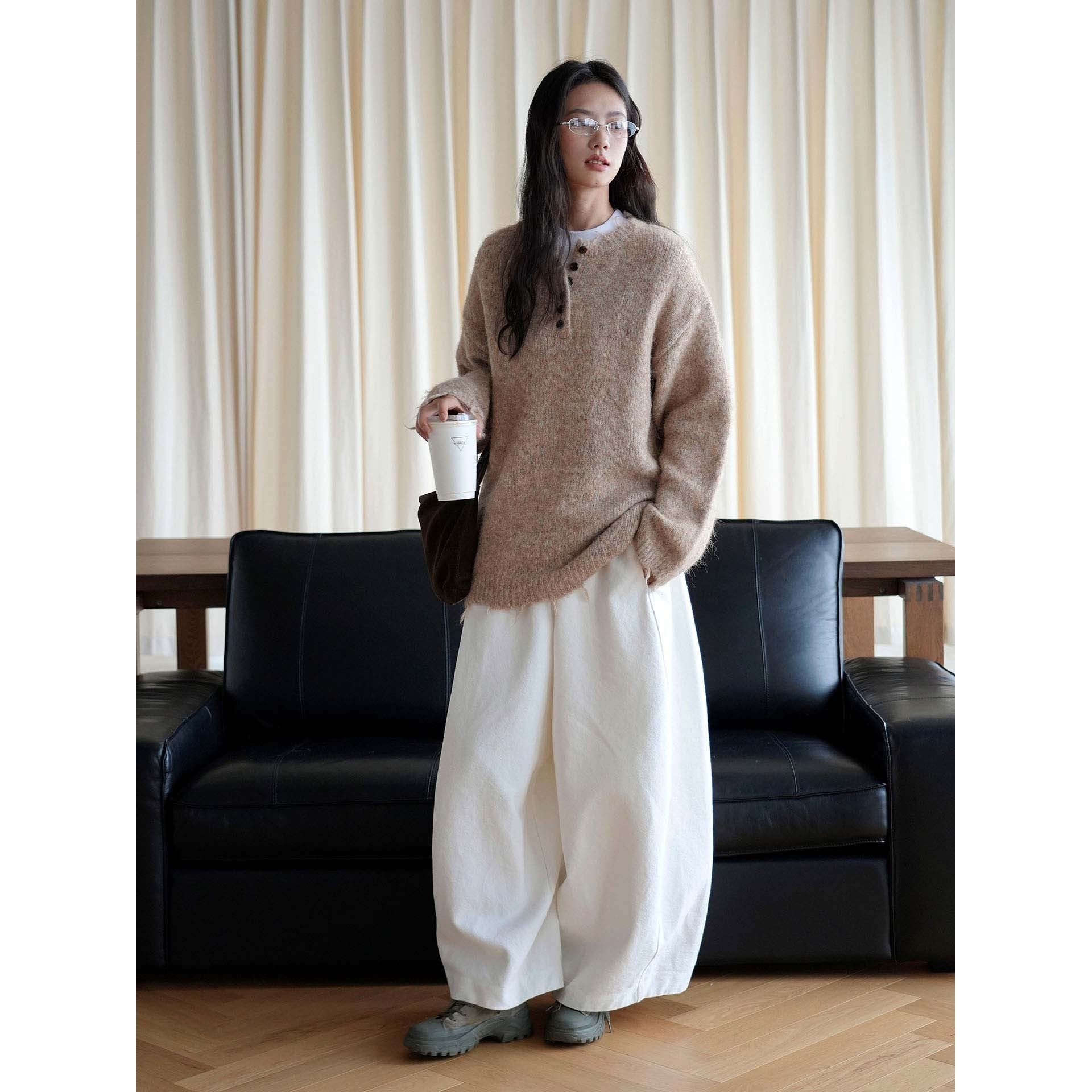Women Oversized Mohair-Mix V-Neck Cardigan with Fringe Hem Chichicherry
