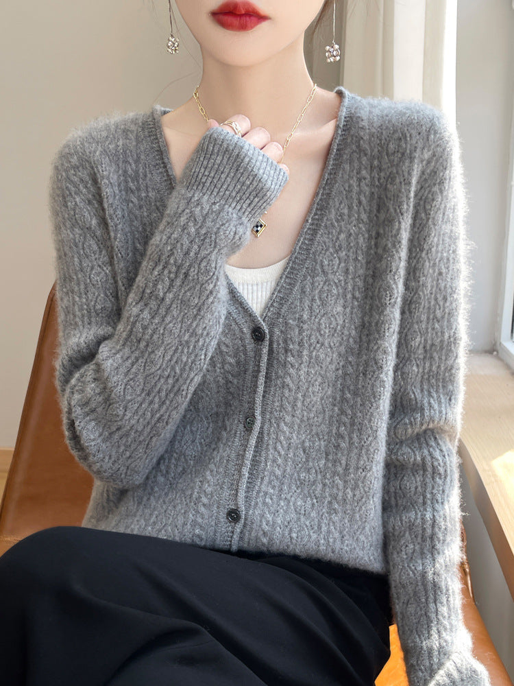 Ladies Short Cable Knit Cardigan in Mohair Look with V-neck and Ribbed Cuffs Chichicherry