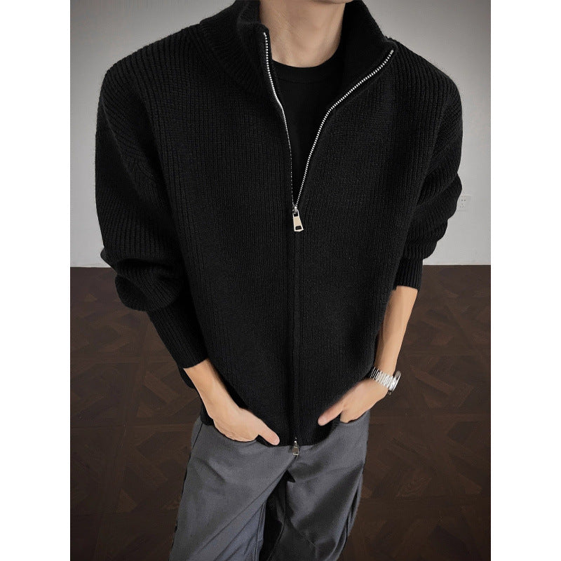 Unisex Grobstrick-Zipjacke mit Stehkragen und Zwei-Wege-Reißverschluss Chichicherry