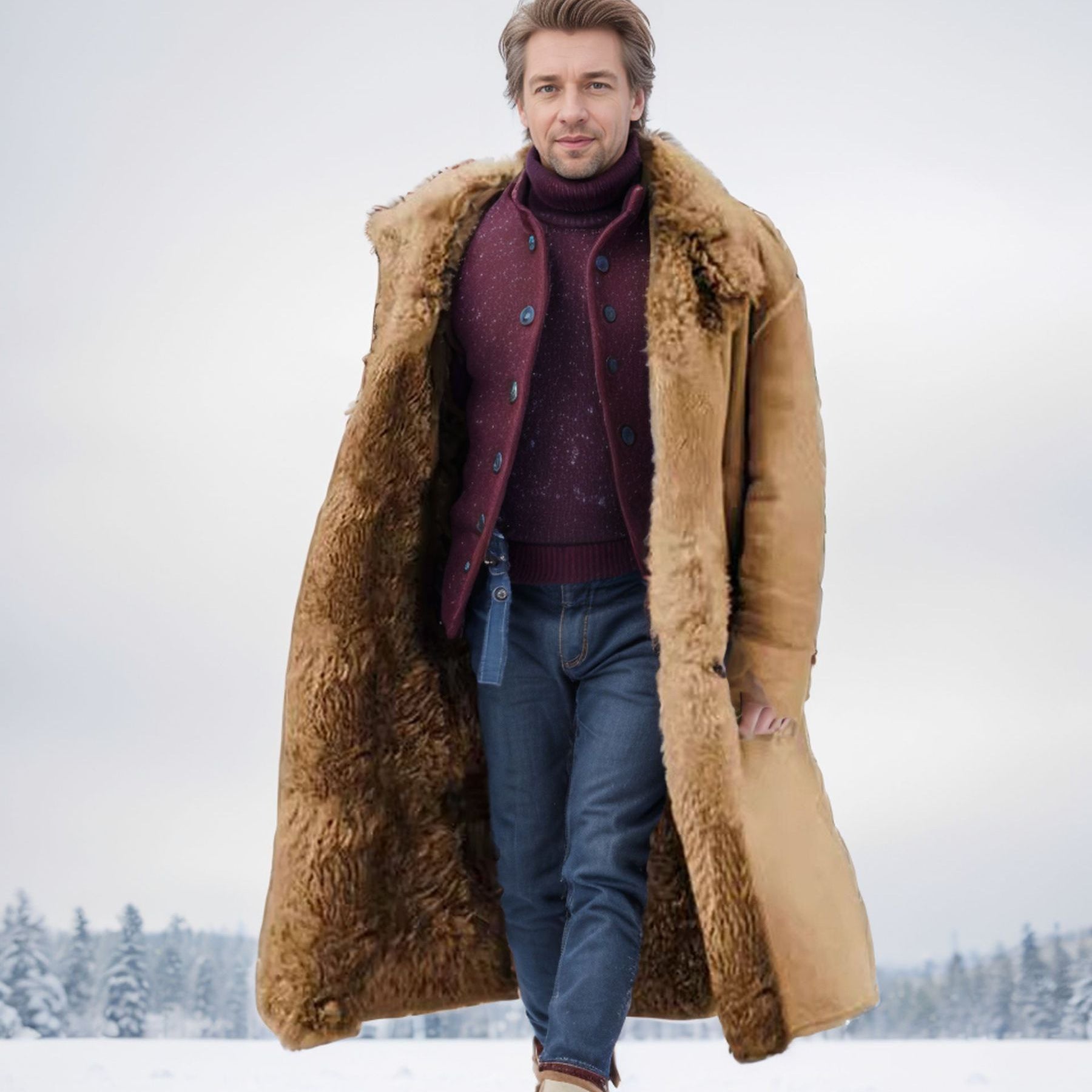 Men's Longer Relaxed-Fit Coat with Teddy Collar and Concealed Button Placket Chichicherry