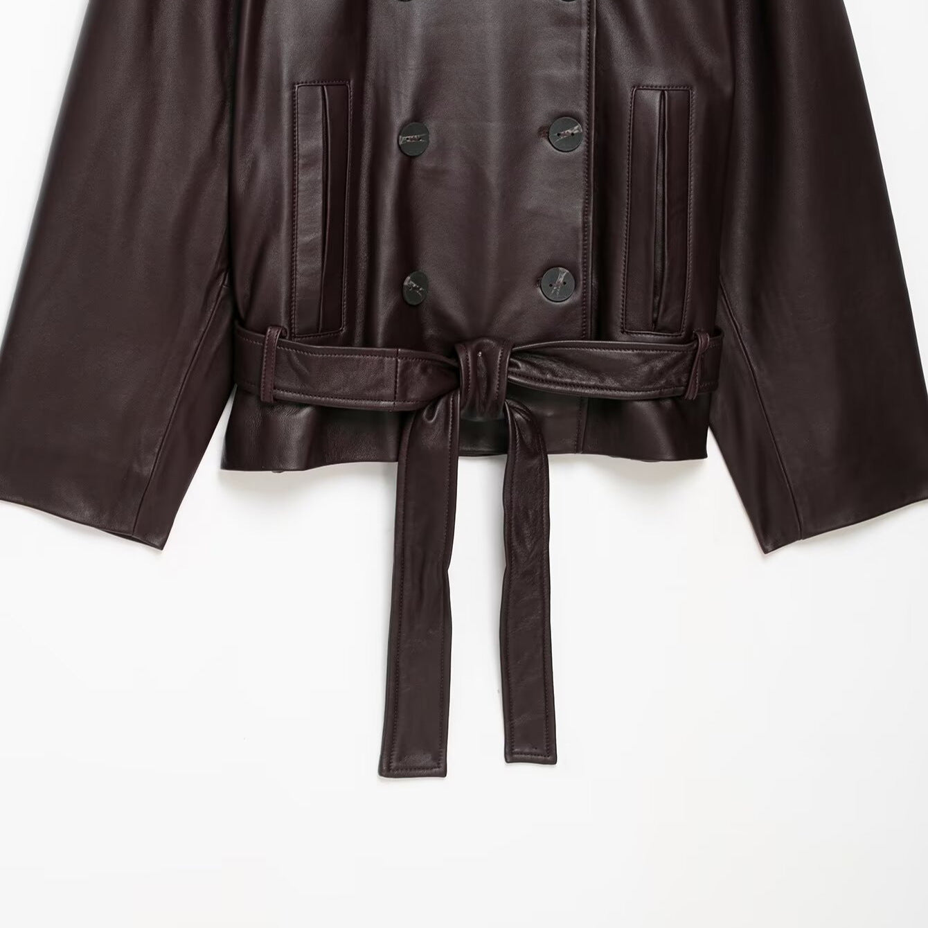 Women Short Leather Trench Coat Jacket with High Standing Collar, Double-Breasted Button Placket and Waist Belt Chichicherry