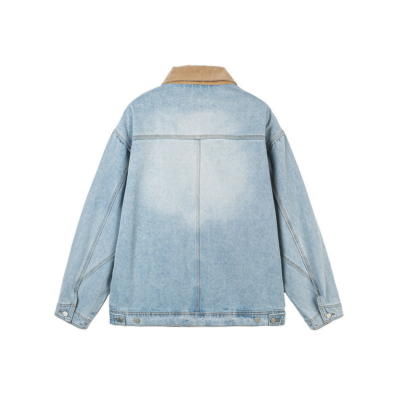 Men's Boxy Denim Jacket in Worker Style with Cord Collar and Front Zipper Chichicherry