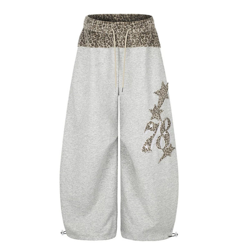 Women Extra Wide Palazzo Lounge Pants with High Comfort Waistband, Leopard Print Band and Decorative Star Number Appliqué Chichicherry