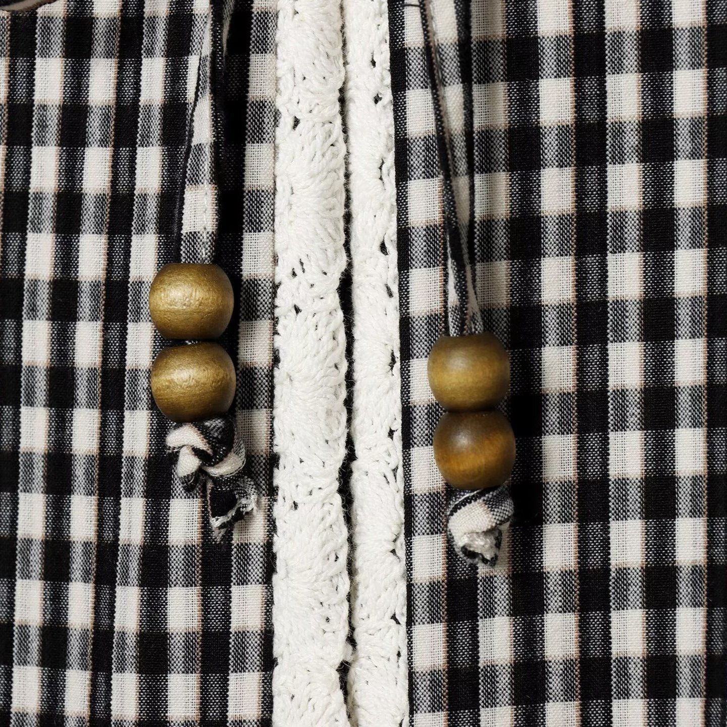 Women Checked Blouse Jacket with Crochet Edge, Tie Band and Three-Quarter Sleeves Chichicherry