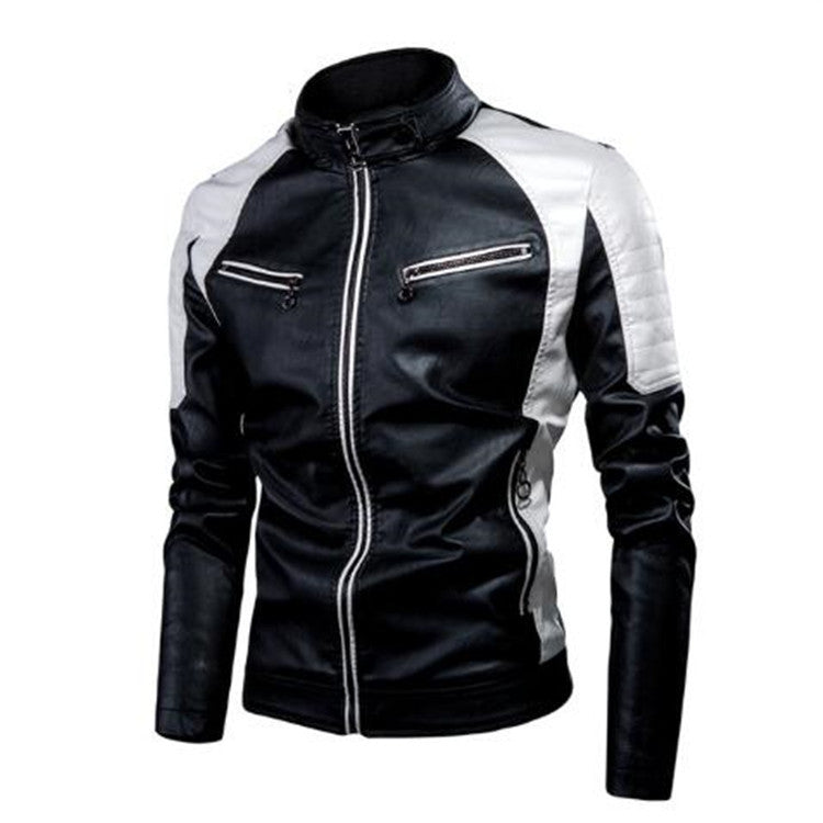 Men's biker jacket made of synthetic leather with racing panels, quilted padding, and zippered pockets Chichicherry