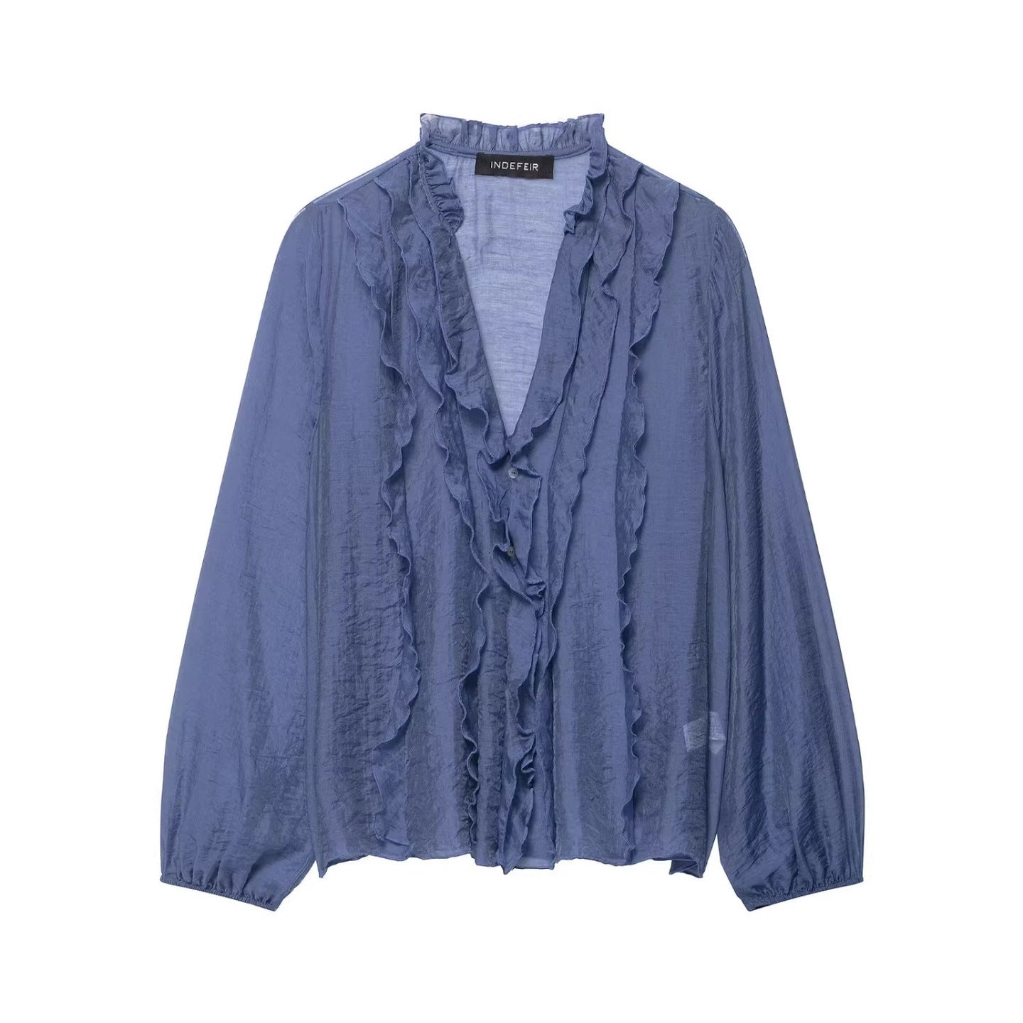Ladies Transparent Crinkle Blouse with Ruffle Collar, Ruffled Front and Balloon Sleeves Chichicherry
