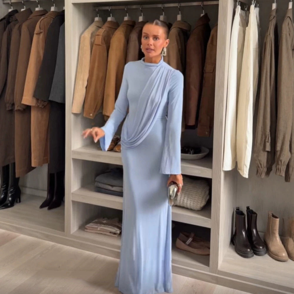 Women's Maxi Dress with Draped Front, Stand Collar and Bell Sleeves Chichicherry