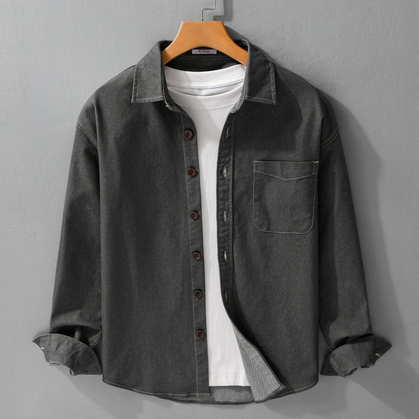 Men's denim overshirt with patch chest pocket and contrast seams Chichicherry