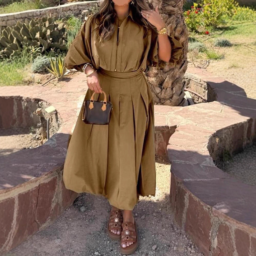 Women Tailored A-Line Midi Skirt with Pleats & High Waist Chichicherry