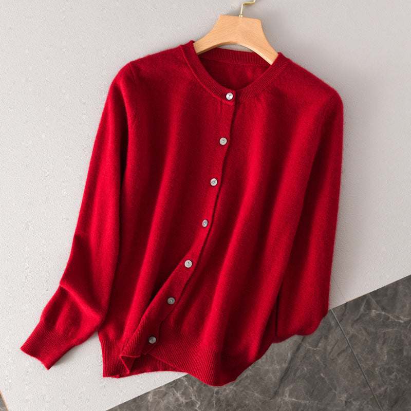 Women Light Round Neck Button Cardigan in Cashmere Optics with Fine Ribbed Edge and Casual Silhouette Chichicherry