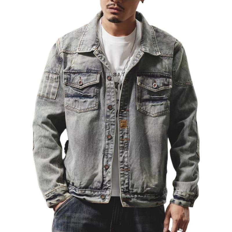 Herren Denim-Jeansjacke im Used-Look mit Hemdkragen, aufgesetzten Brusttaschen und legerer Passform Chichicherry