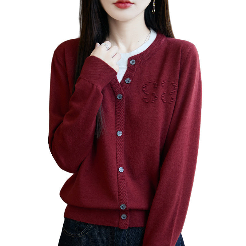 Women's Short Fine Knit Cardigan with V-Slit Collar, Ribbed Trim and Subtle Structure Logo Chichicherry