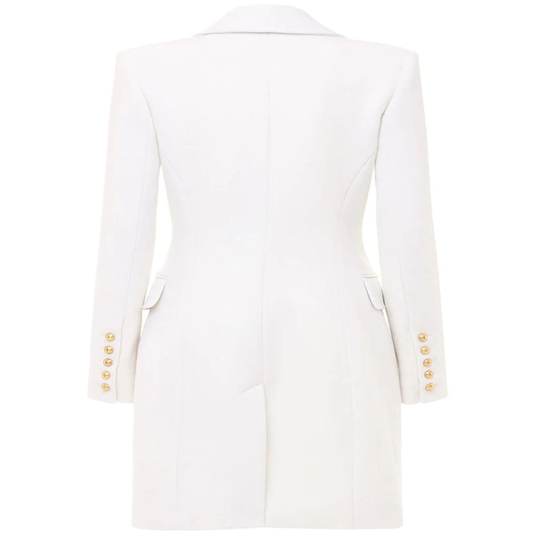 Women Narrow Cut Double-Breasted Wool Blend Long Coat with Distinctive Shoulder and Golden Decorative Round Buttons Chichicherry