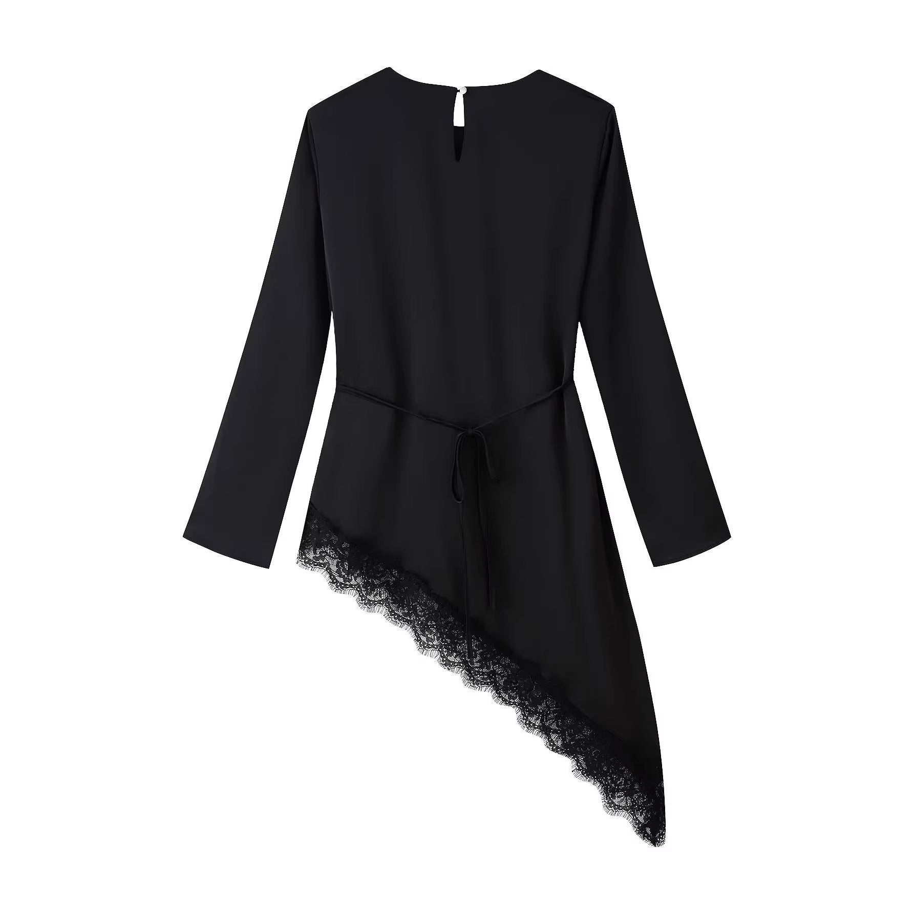 Women Asymmetrical Chiffon Blouse with Lace Trim and Long Sleeves Chichicherry