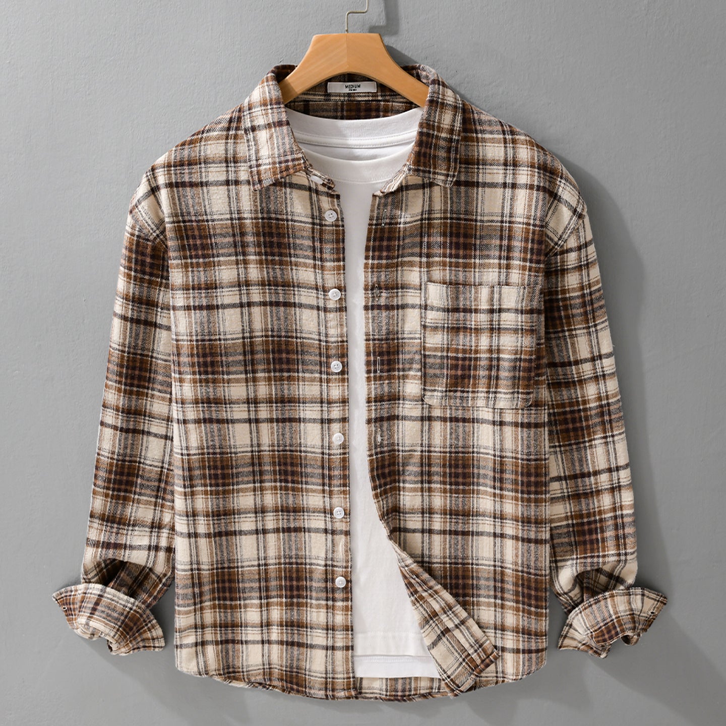 Men's Checkered Flannel Overshirt in Shirt Jacket Style with Patch Chest Pocket Chichicherry