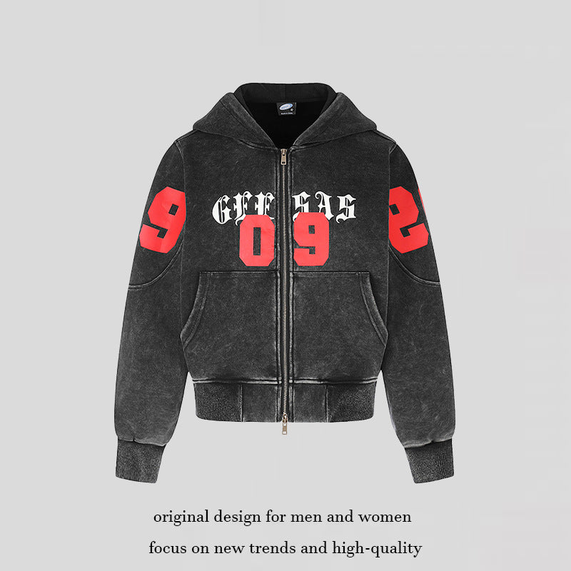 Women Short Cut Vintage Wash Hooded Zip Jacket with Gothic Print and Number Print Chichicherry