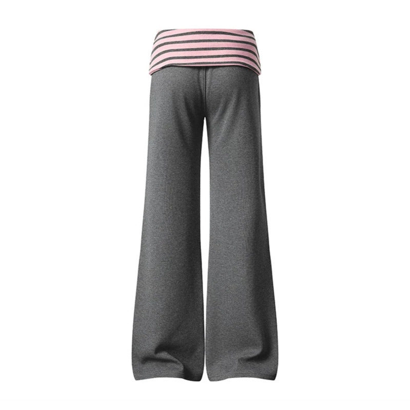 Women's Wide Loungewear Pants with Cuffable Striped Waistband and Decorative Buttons Chichicherry