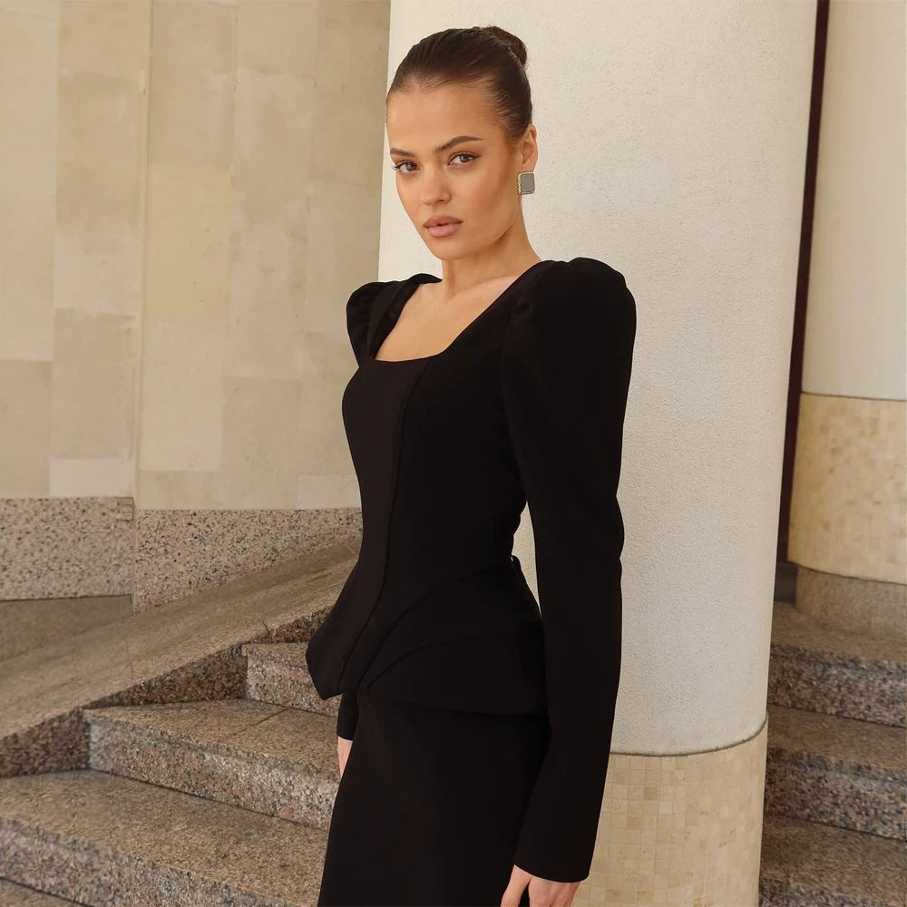 Women's Tailored Corset Blazer Top with Square Neckline, Peplum and Emphasized Shoulders Chichicherry