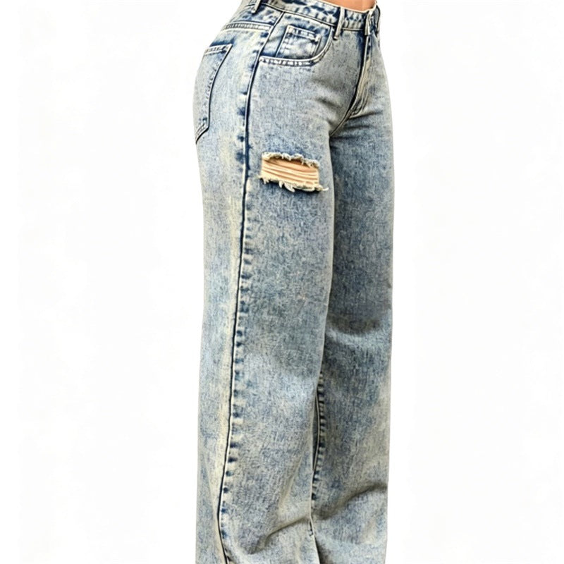 Ladies High-Waist Relaxed Jeans with Stone Wash Effect and Side Ripped Insert Chichicherry