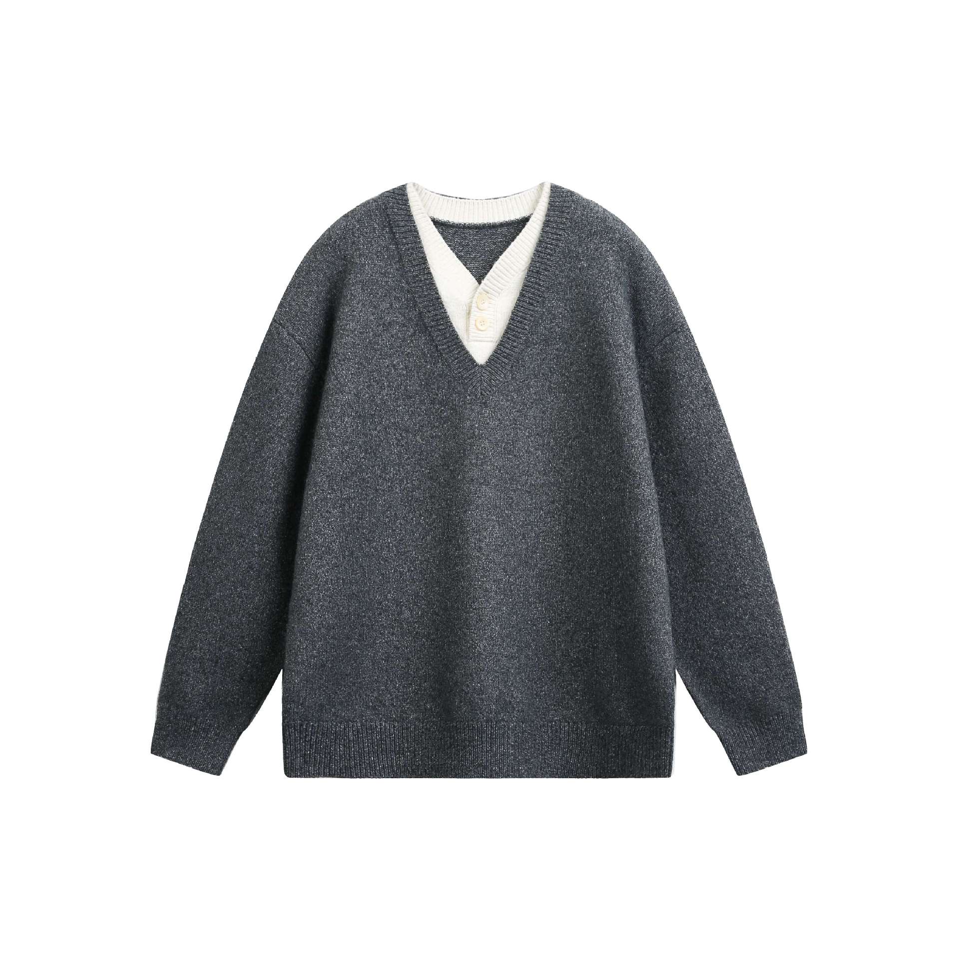 Women Oversize V Neck Knit Sweater with Henley Look and Ribbed Cuffs Chichicherry