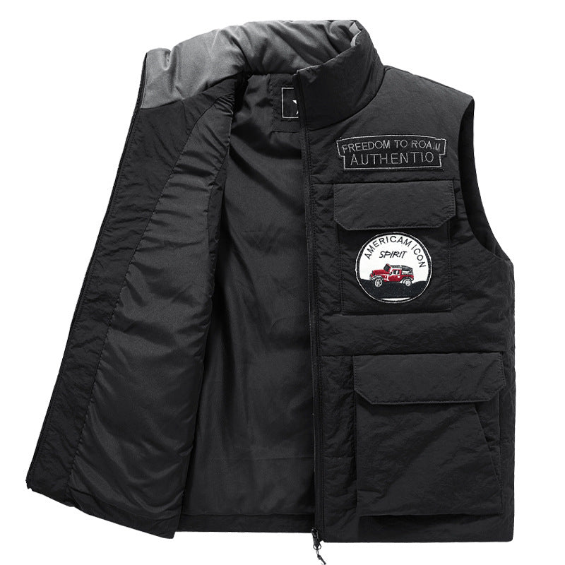 Men's Padded Utility Vest with Multiple Pockets and Badge Patches Chichicherry