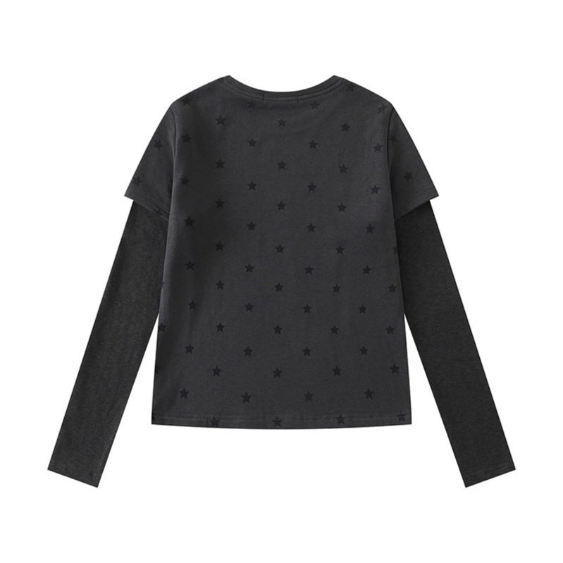 Women Two-Layer Long Sleeve Shirt with Stars Ornament and Heart Detail Chichicherry