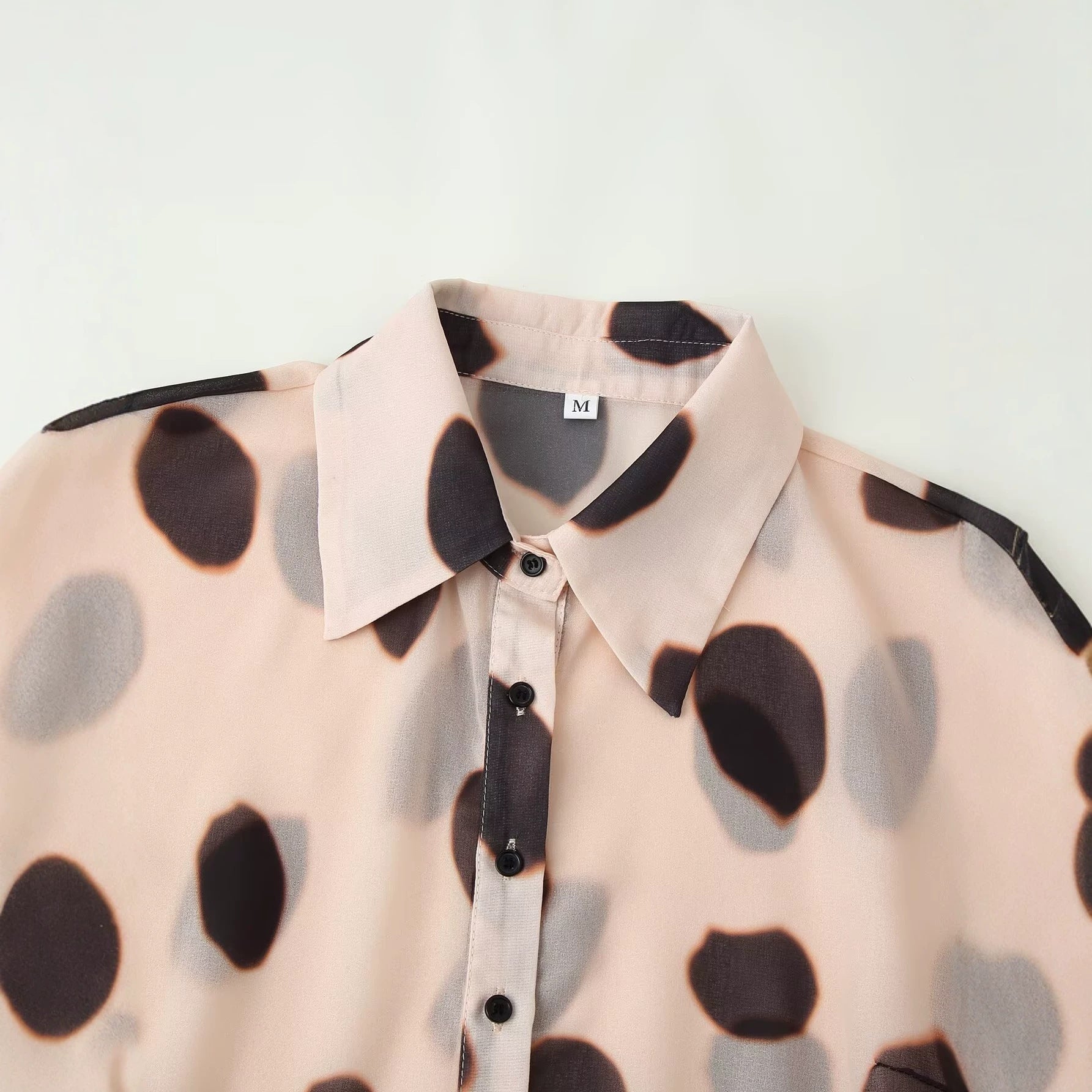 Women Semi-transparent Chiffon Blouse with Knot Scarf and Large Dot Print Chichicherry