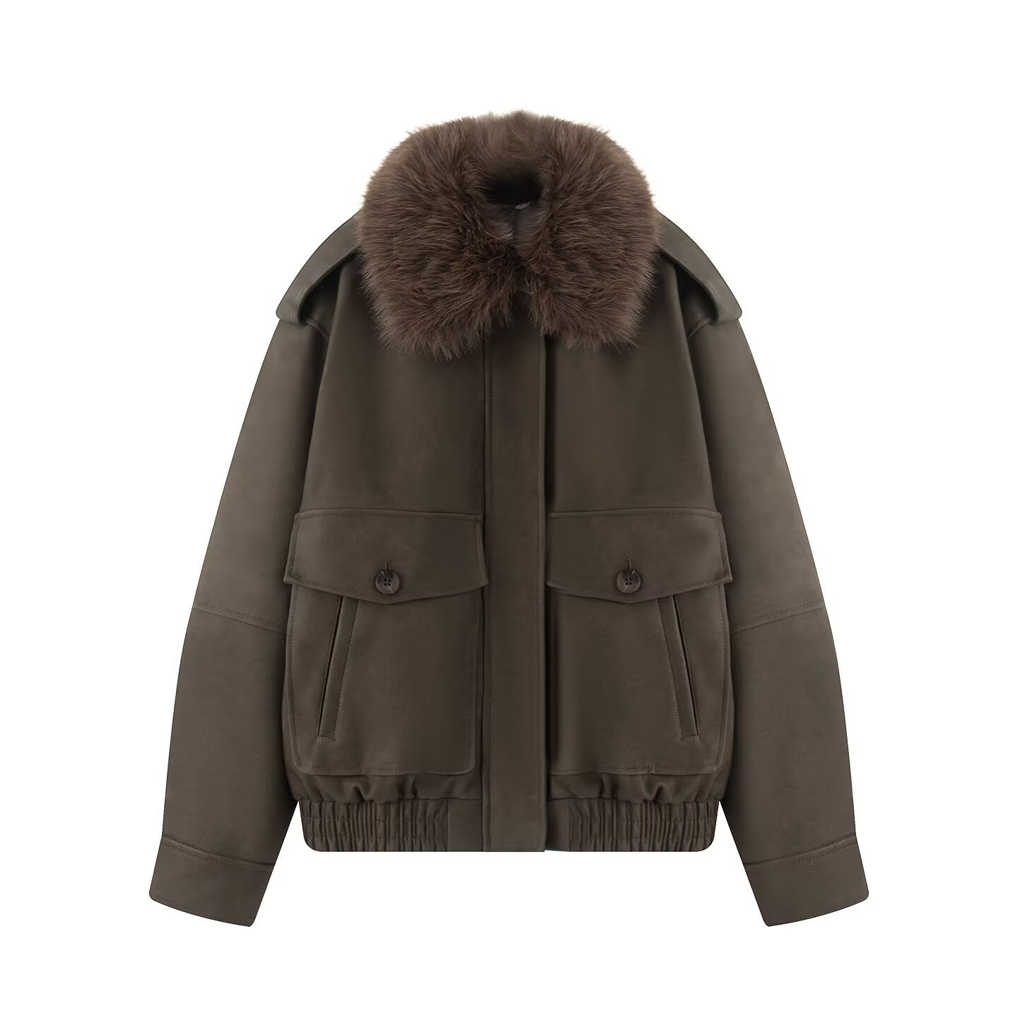 Women short-cut bomber jacket with voluminous faux fur collar and applied flap pockets Chichicherry