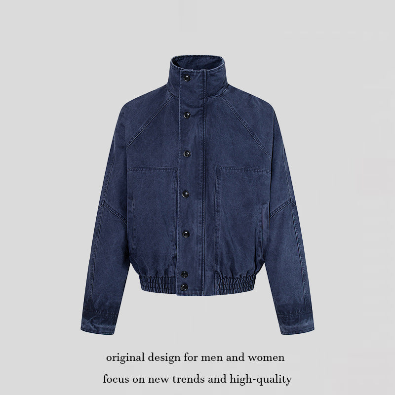 Women's short oversized bomber jacket with standing collar, button placket, and elastic hem Chichicherry