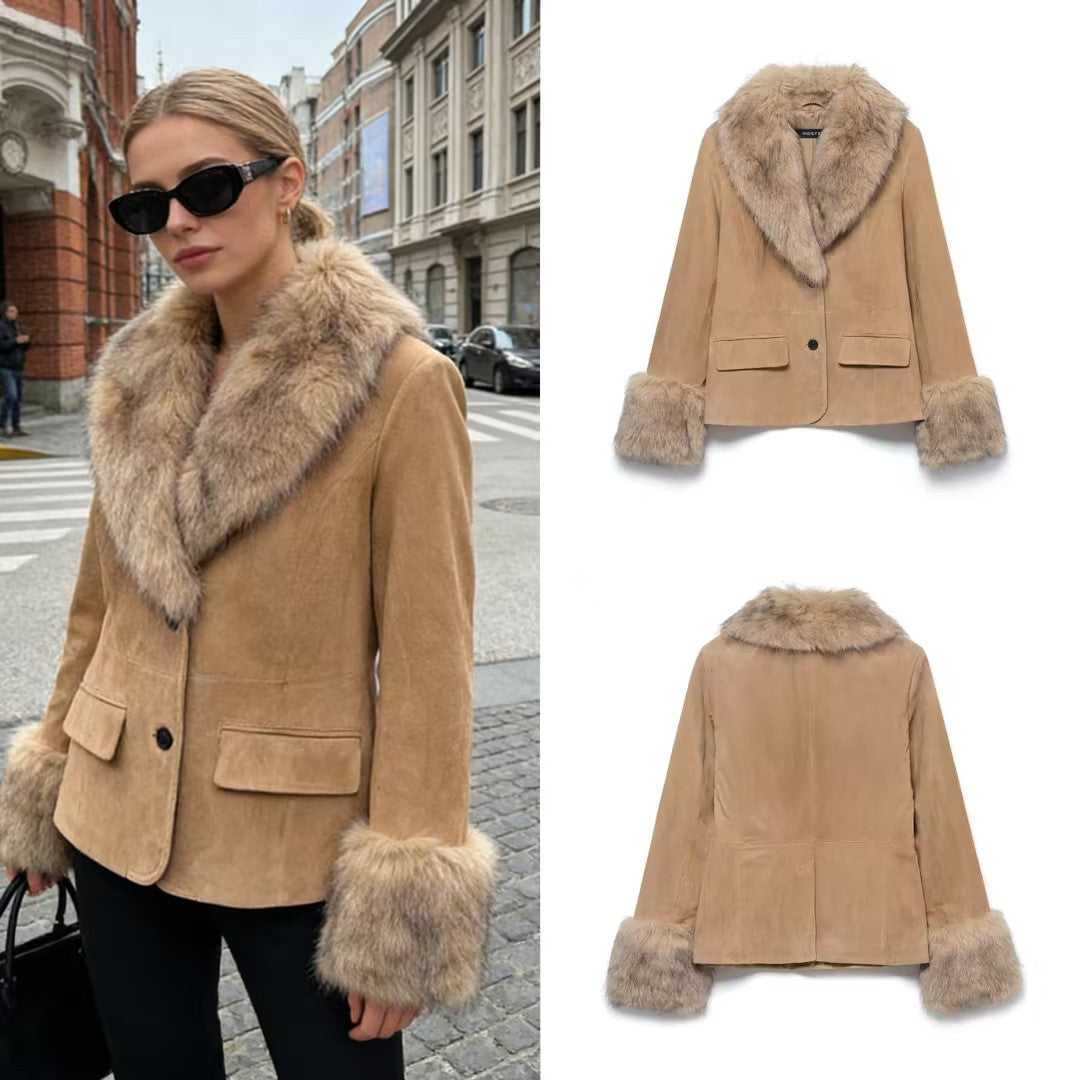 Women's short suede jacket with voluminous fur collar and wide fur cuffs Chichicherry