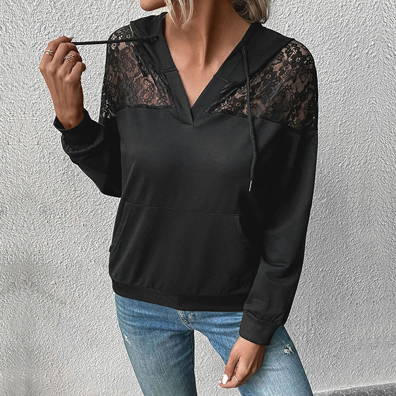 Ladies hooded sweatshirt with lace insert and V-neck Chichicherry