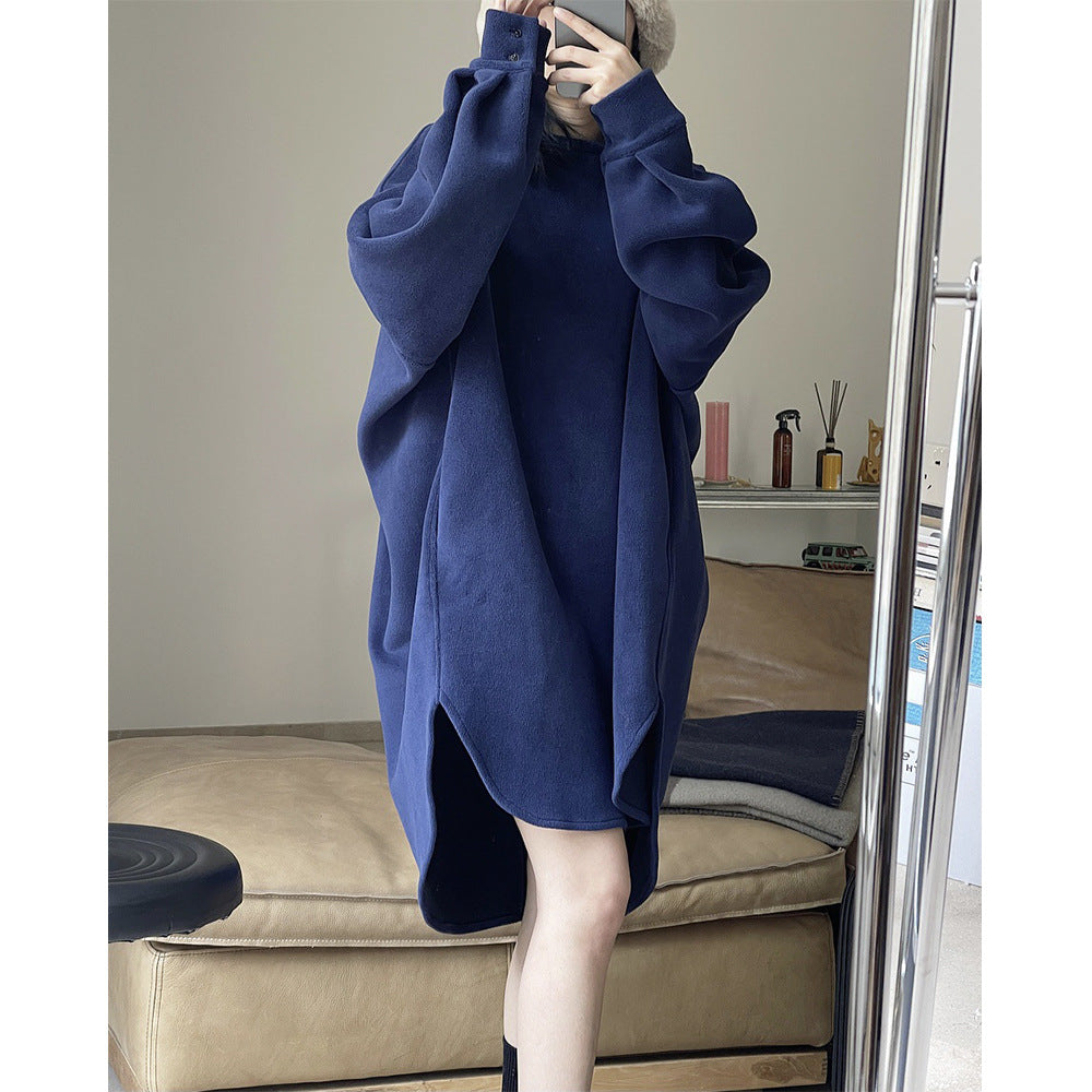 Women Oversize Fleece Sweat Dress with Balloon Sleeves and Side Slits Chichicherry