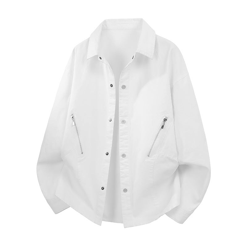 Men's Oversized Shirt Jacket in Worker Style with Angled Zipper Pockets and Snap Placket Chichicherry
