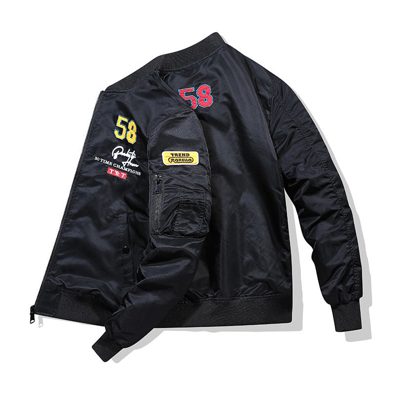 Men's utility bomber jacket in pilot style with sleeve pockets and embroidered patches Chichicherry