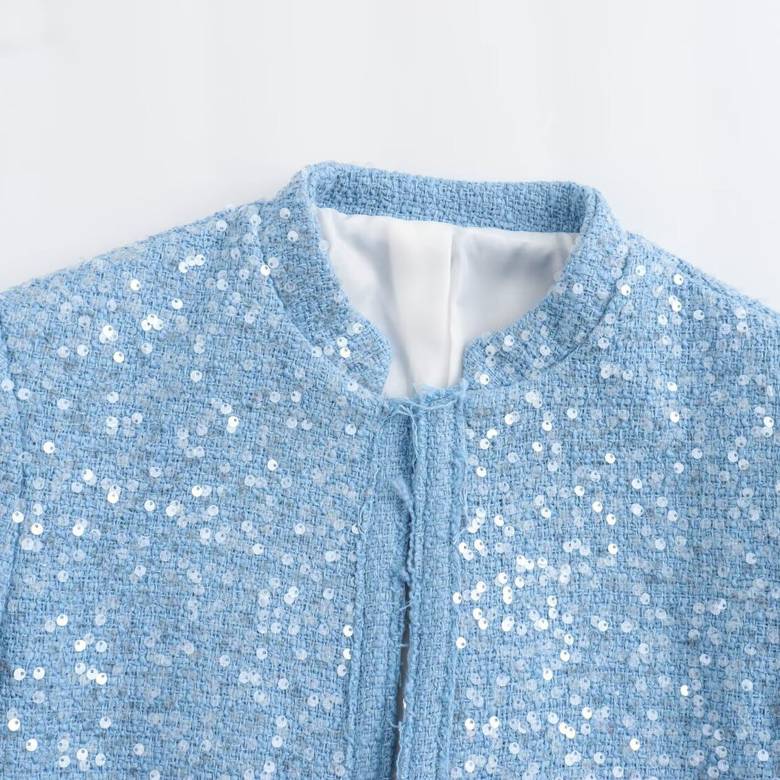 Women Short Cropped Boucle Tweed Jacket with Sequin Trim and Flap Pockets Chichicherry