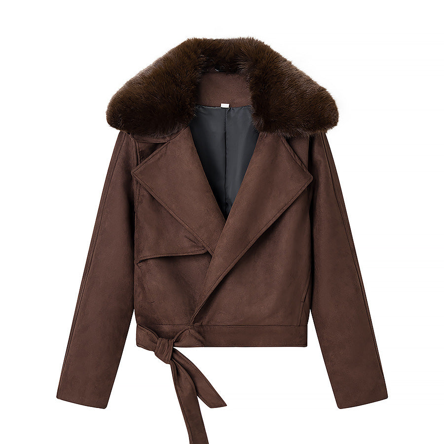 Women's Cropped Motorcycle Jacket in Suede Look with Voluminous Teddy Collar Chichicherry