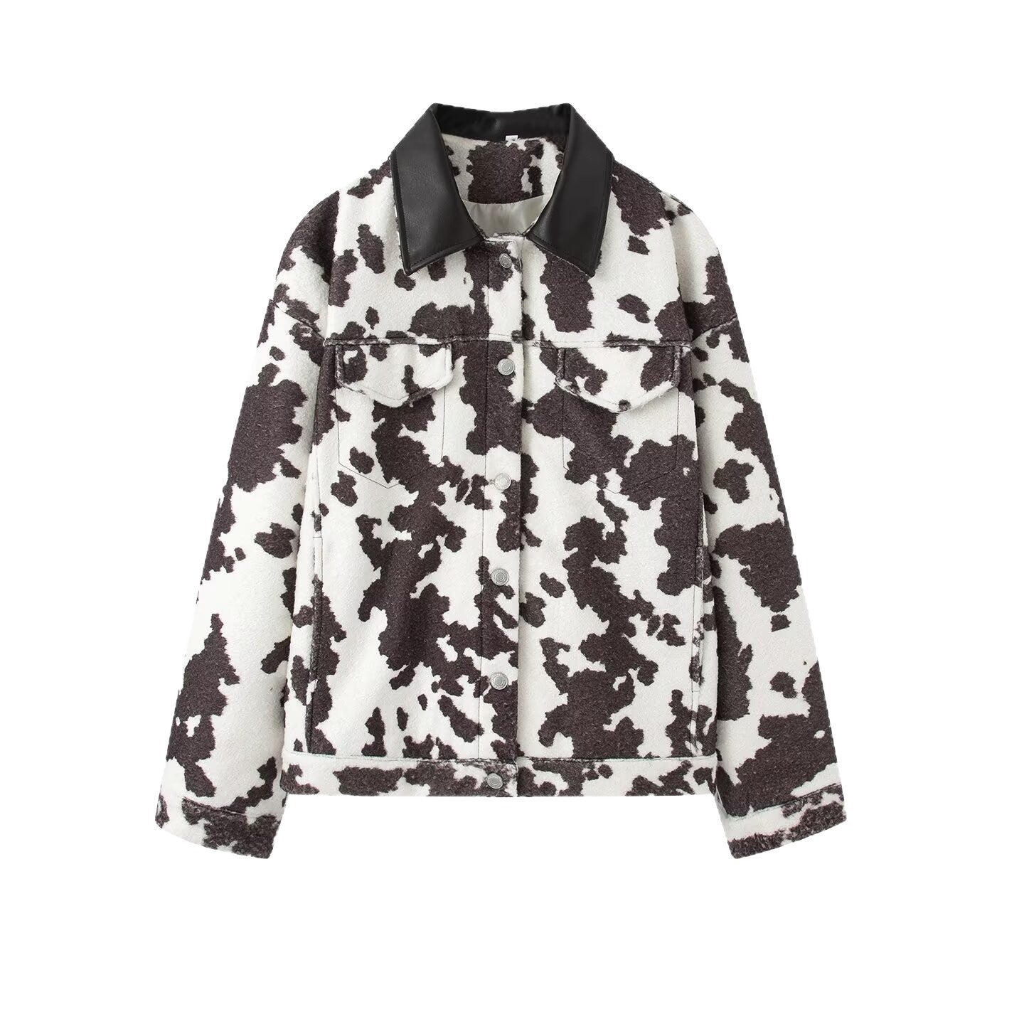 Women’s teddy trucker jacket with cow spot pattern and faux leather collar Chichicherry