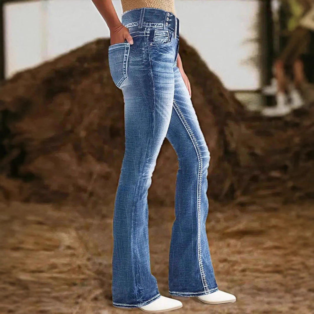 Ladies high-waisted flared jeans with side decorative seam and sculpting stretch waistband Chichicherry