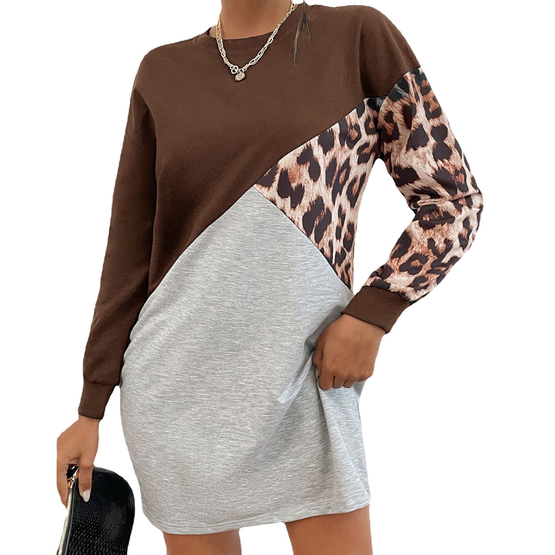 Ladies Oversized Sweat Dress with Color Block Design and Leopard Sleeves Chichicherry