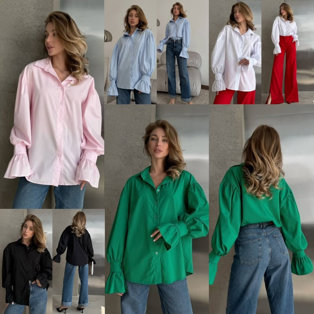 Damen Oversized-Bluse mit Volant-Manschetten und Ballonärmeln Chichicherry